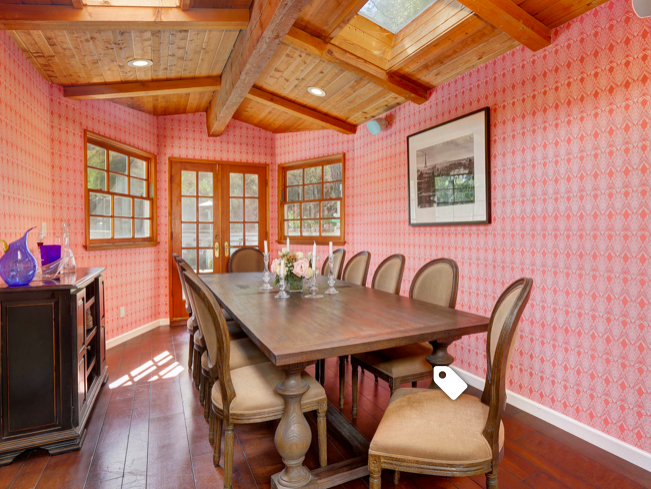 Rustic dining room pink wallpaper
