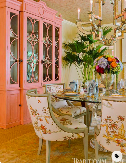 chinoiserie pink and green dining room