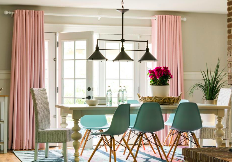 pink and teal dining room