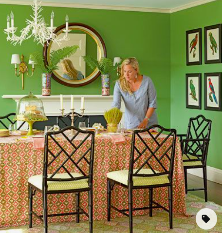Kelly green wall dining room red pink tablecloth