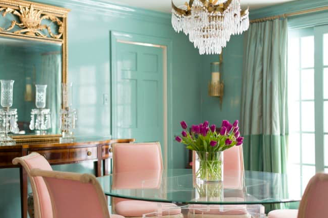 Teal lacquer walls dining room pink chairs