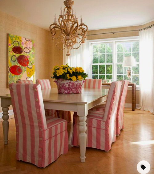 pink striped dinging room chairs