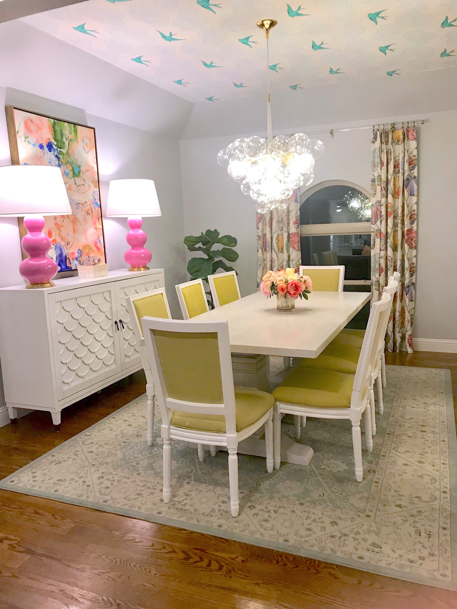 pink and green dining room