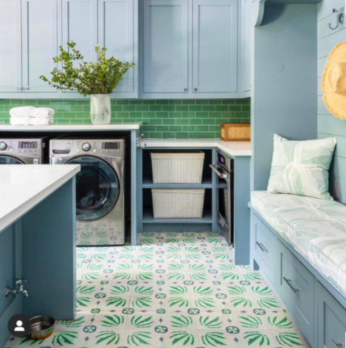blue and green laundry room