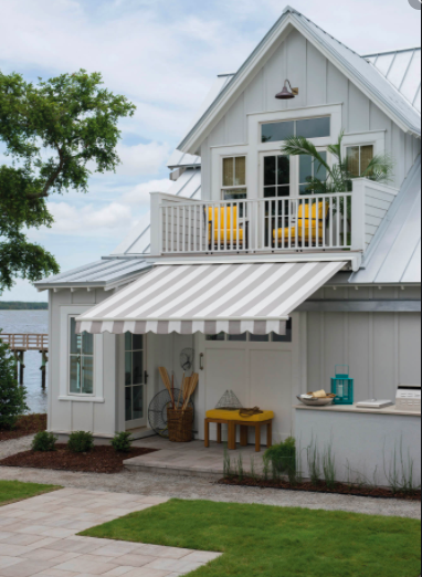 sunbrella taupe and white awning