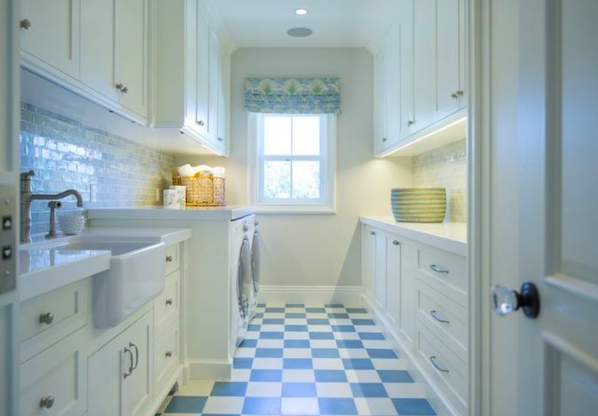 blue and white checkered floor laundry room
