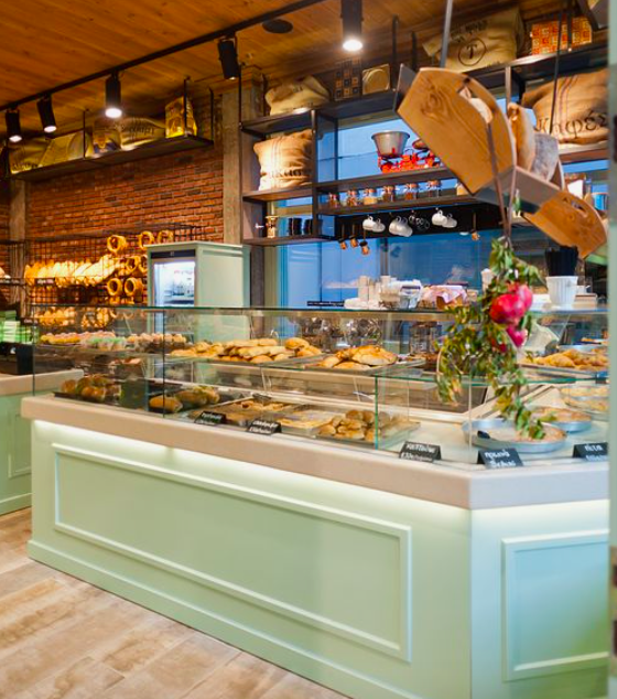 mint green bakery interior
